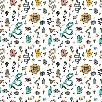 Hand drawn magical seamless pattern. Witchcraft print. Halloween. Doodle bo.. Stock Illustration
