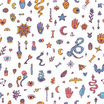 Hand drawn magical seamless pattern. Halloween. Doodle boho style. Witchcra.. Stock Illustration