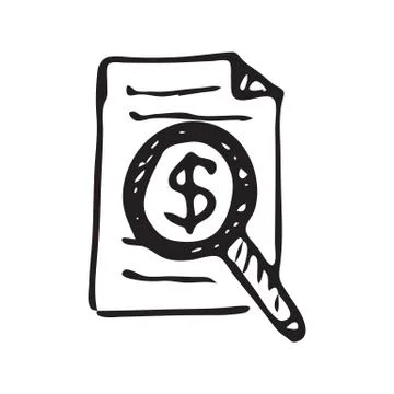Hand Drawn magnifier document doodle. Sketch dollar icon. Decoration element. Stock Illustration
