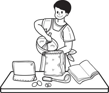 Hand Drawn man learning to cook from the internet illustration in doodle styl Stockillustratie
