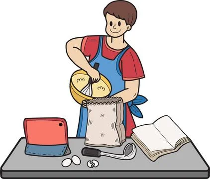 Hand Drawn man learning to cook from the internet illustration in doodle styl Stockillustratie
