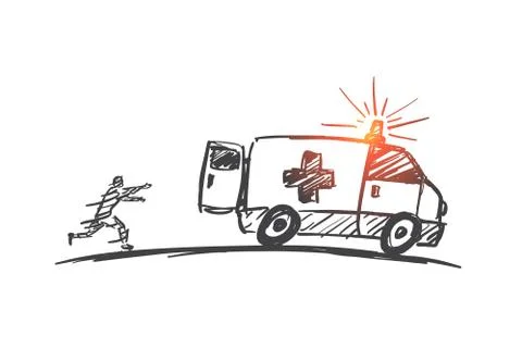 Hand drawn man trying to catch up ambulance car Stock Illustration