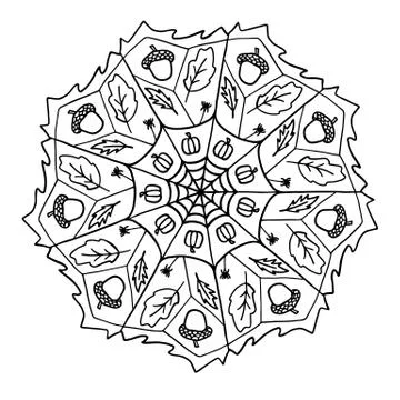 Hand drawn mandala pattern with autumn elements for coloring book 스톡 일러스트