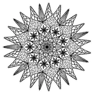 Hand drawn mandala pattern for coloring book with winter snowflake, black Illustrazione stock
