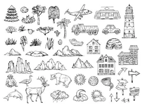 Hand drawn map elements. Sketch hill mountain, tree and bush, buildings and Stock Illustration