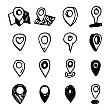 Hand drawn map pointers, doodle navigation pins vector set. イラスト素材