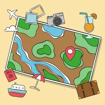 Hand drawn map with travel elements Stock Illustration