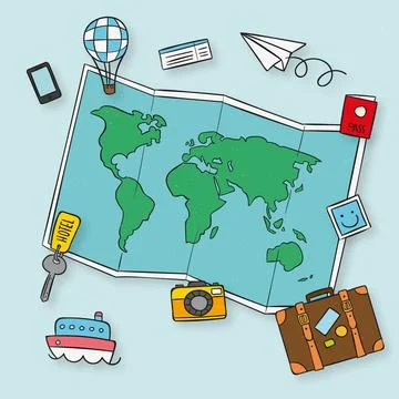 Hand drawn map with travel elements Illustrazione stock