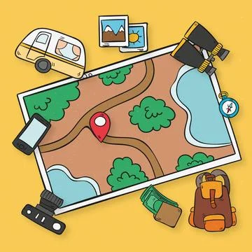 Hand drawn map with travel elements Stock Illustration