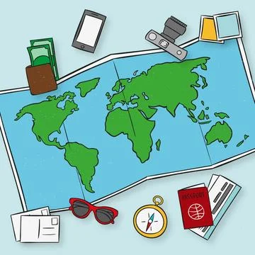 Hand drawn map with travel elements Stock Illustration