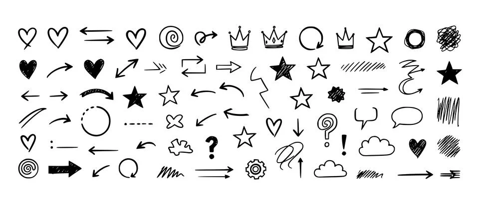 Hand Drawn Marker Brush Elements with Arrows Hearts Crowns and Stars イラスト素材