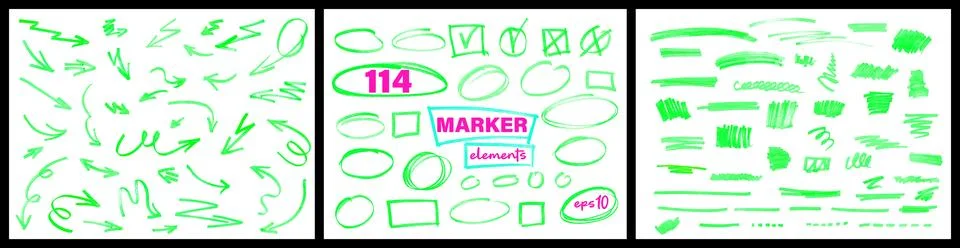 Hand drawn marker highlighter notes with underline, brush stroke and round Stock Illustration