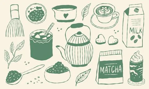 Hand drawn matcha tea set, including teapot, cup, milk, and leaves イラスト素材