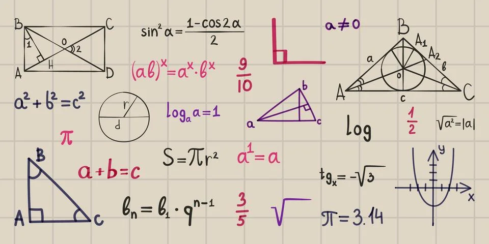 Hand-drawn math formulas written on paper sheet Stock Illustration