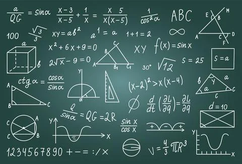 Hand drawn math signs on chalk board. Graphic and formula, mathematical Illustrazione stock