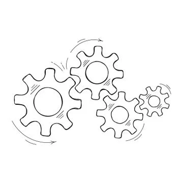 Hand drawn mechanical cog and gear sketch graphic Stock Illustration