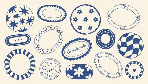 Hand drawn Mediterranean plates vector set in blue monochrome style. Decorative Illustrazione stock