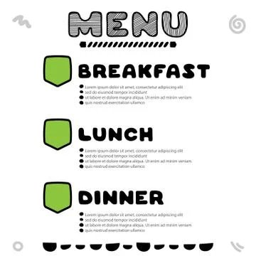 Hand drawn menu for cafe with breakfast, lunch, dinner inscriptions. Template Stock Illustration