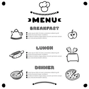 Hand drawn menu for cafe with breakfast, lunch, dinner inscriptions. Template Stock Illustration
