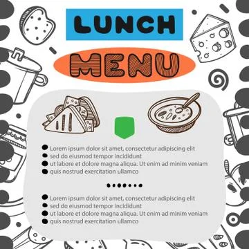 Hand drawn menu for cafe with lunch menu. Template design. Food flyer. Linear Stock Illustration