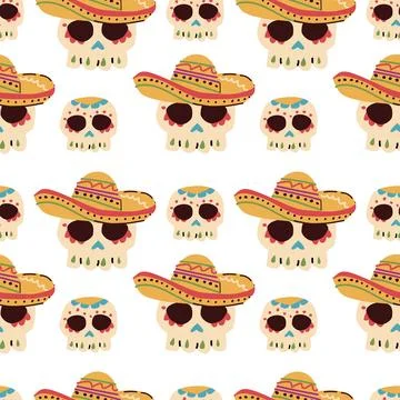 Hand drawn mexican skull in hat seamless pattern Stock Illustration