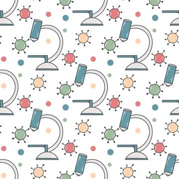 Hand drawn microscope and viruses seamless pattern Stockillustratie