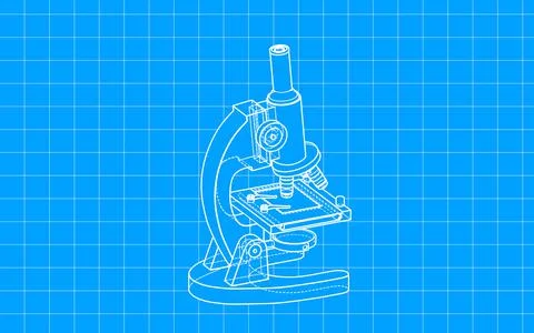Hand-drawn microscope with blueprint style, raster illustration. Stock Illustration