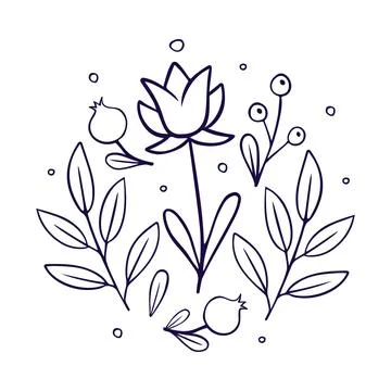 Hand drawn minimalist floral composition with a central flower, pomegranates Stock Illustration