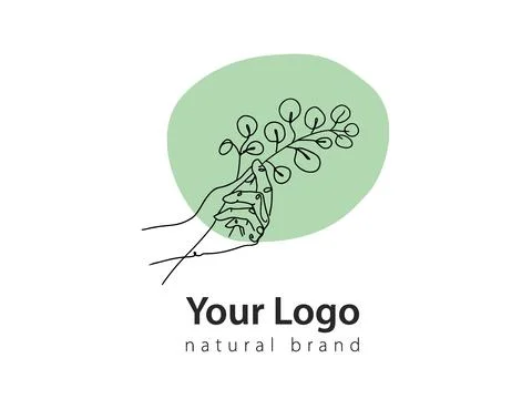 Hand-drawn minimalist vector logo. Hand holds eucalyptus illustration for eco Stock Illustration