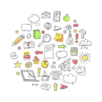 Hand Drawn Minimalistic Elements Set Put in Circle Stock Illustration