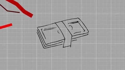 Hand-drawn money stack forming on grid, red jagged line entering crossing Stock Footage 331227406