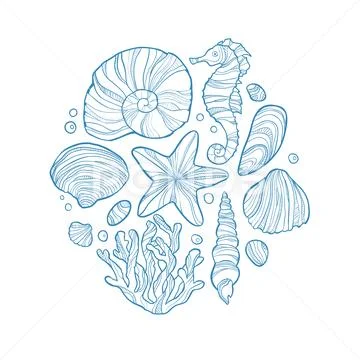 Hand drawn monochrome sketch of shell, seahorse, starfish, coral and others sea Stock Illustration
