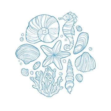 Hand drawn monochrome sketch of shell, seahorse, starfish, coral and others sea Stock Illustration