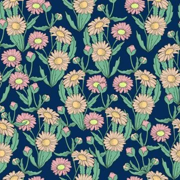 Hand-drawn moon daisy illustration floral seamless repeat pattern Stock Illustration