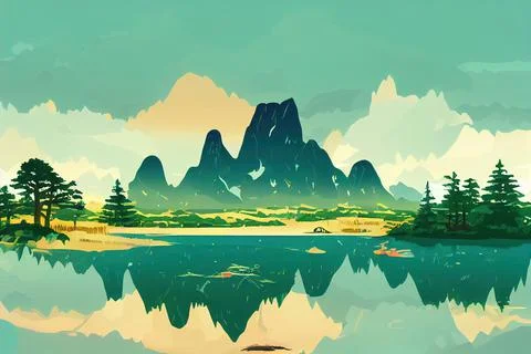 Hand Drawn Mountain Lake Forest Landscape 2d Stock Illustration