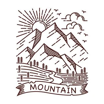 Hand drawn mountain view line illustration Stock Illustration