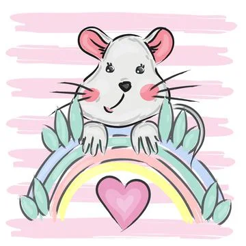 Hand drawn mouse and rainbow. Cartoon character vector illustration. Childish Stock Illustration