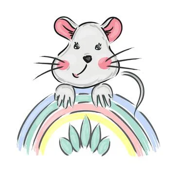 Hand drawn mouse and rainbow. Cartoon character vector illustration. Childish Illustrazione stock