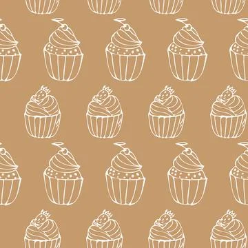 Hand drawn muffin pattern with cupcake and strawberry, cherry. Stock Illustration