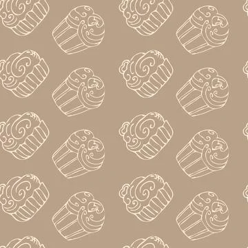 Hand drawn muffin pattern with cupcake and strawberry, cherry. Stock Illustration