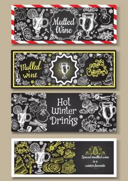 Hand drawn mulled wine vector banners set. Black and white sketch posters with Stock Illustration