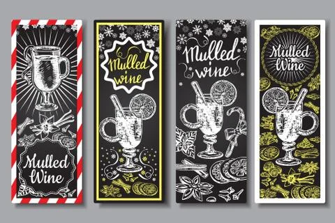 Hand drawn mulled wine vector banners set. Black and white sketch posters with Stock Illustration