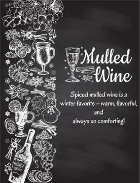 Hand drawn mulled wine vector poster. Black and white sketch with wine glass Stock Illustration