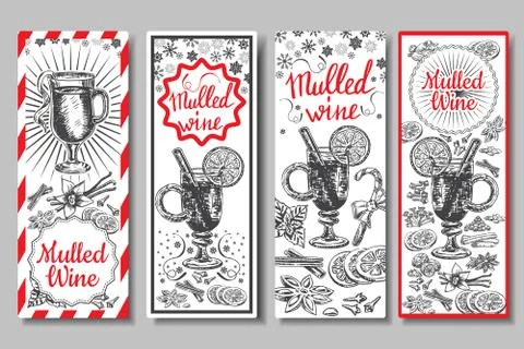 Hand drawn mulled wine vector banners set. Black and white sketch posters with Ilustración de archivo