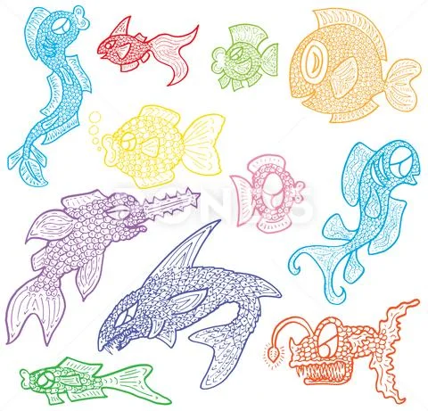 Hand Drawn Multicolored Fish Marine Life Stock Illustration