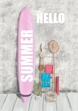 Hand-drawn multicolored Hello Summer illustration of a pink surf board Stock Illustration