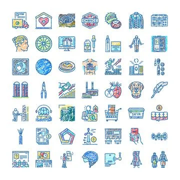 Hand drawn multicolored icons representing various concepts and themes Ilustración de archivo