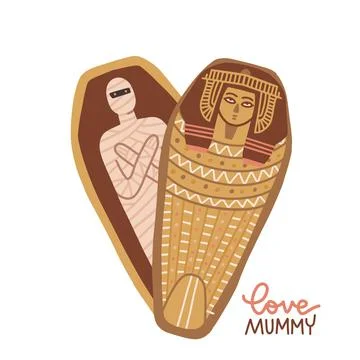 Hand drawn mummy in slightly opened sarcophagus in the shape of heart. Lettering Stock Illustration