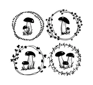 Hand drawn mushroom emblems Stock Illustration