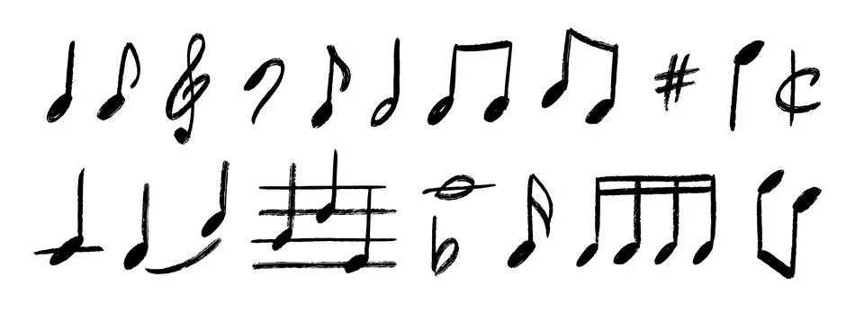 Hand drawn music notes set. Chalk doodled musical symbols collection. Charcoal Stock Illustration